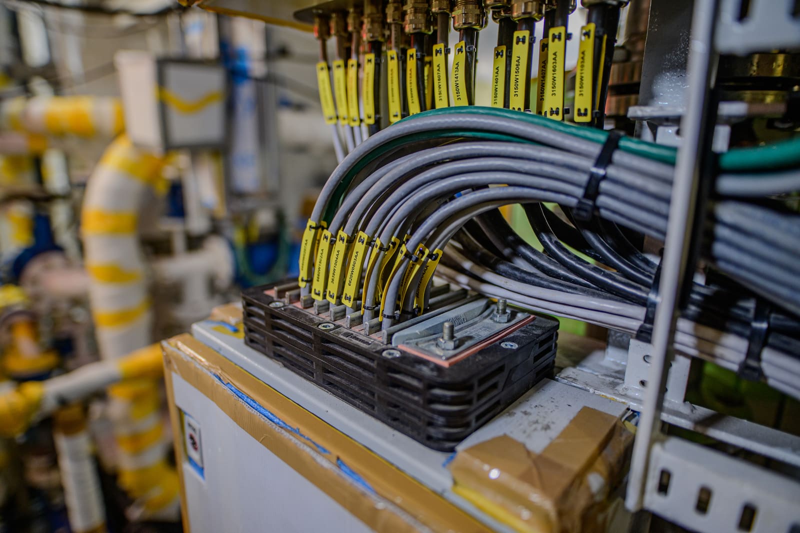 Tagged marine cables curving down from overhead trays into an equipment cabinet, each cable individually identified