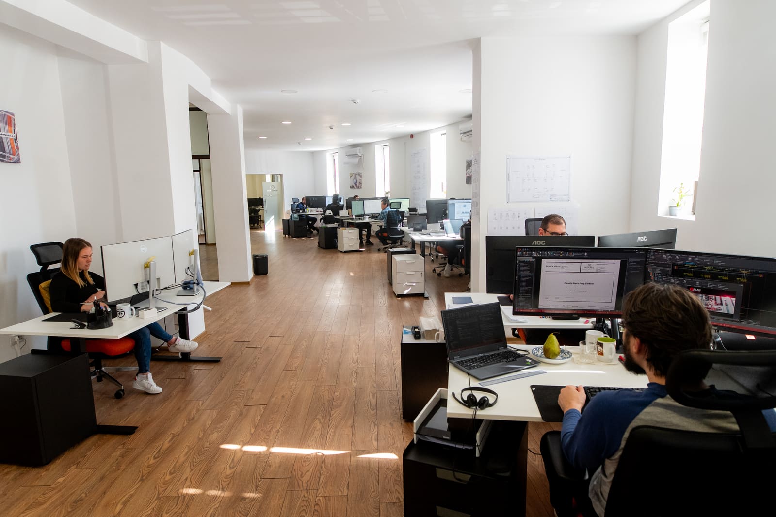 Wide view of the Black Frog Elektro marine electrical engineering office with multiple CAD design workstations