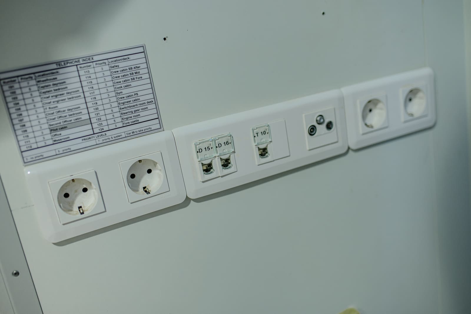 Cabin power outlets, data sockets and TV outlet plate installed flush in a vessel accommodation cabin with circuit labelling above
