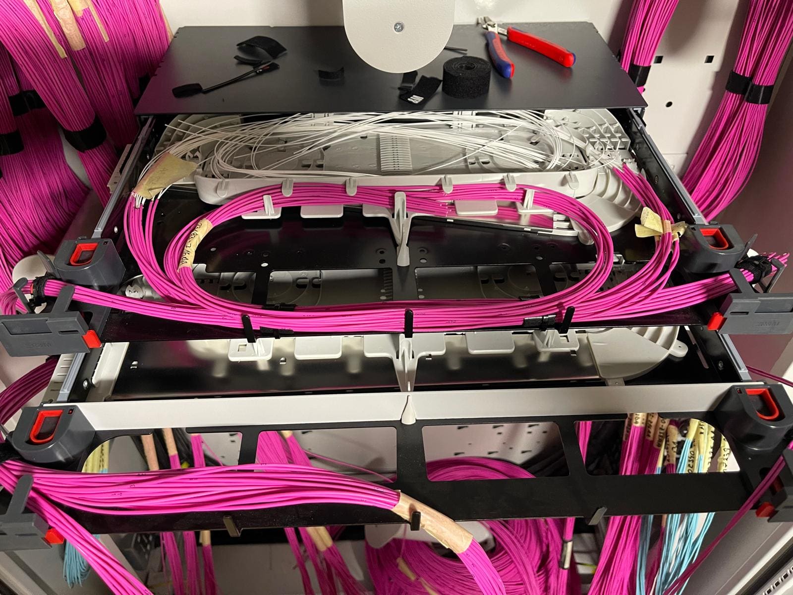 Sliding fiber optic splice tray with magenta patch cords and protected fusion splices visible inside the management ring
