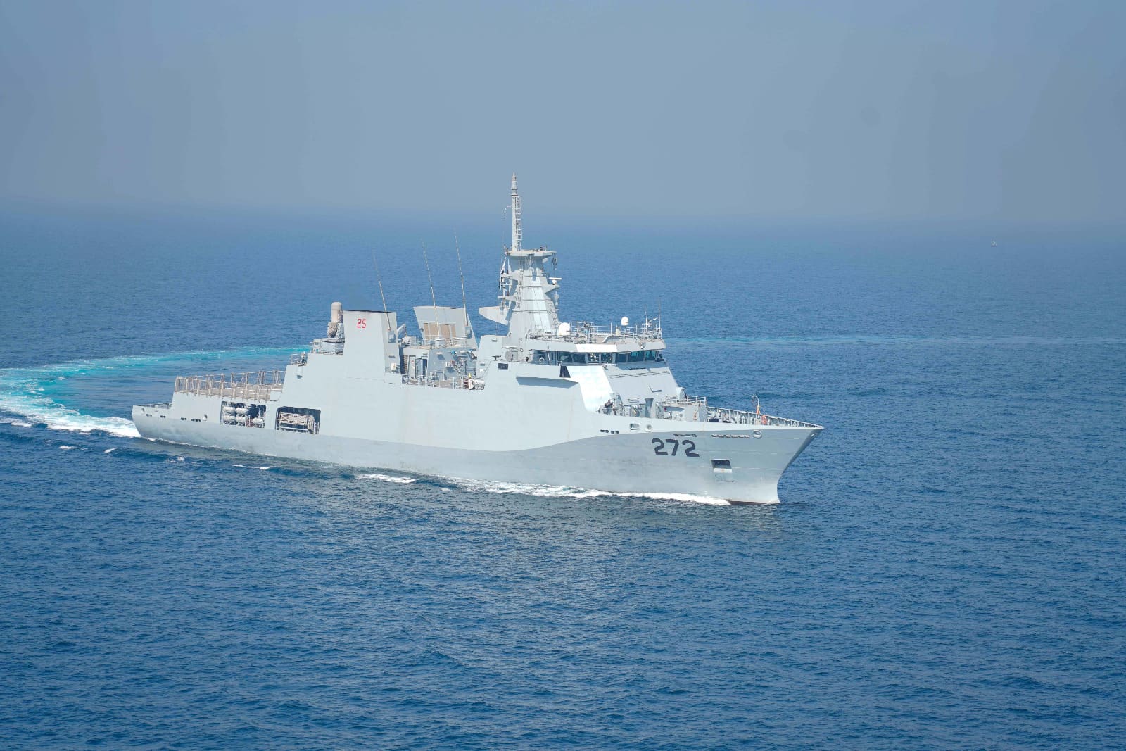 Pakistan Navy Offshore Patrol Vessel 2600 series, hull number 272, underway at sea following delivery from Damen Shipyards Galați.