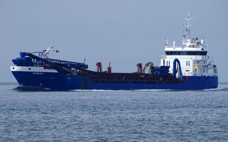 Hopper dredger Zeeburg for Van Ouwerkerk underway after full refit at Holland Shipyards.